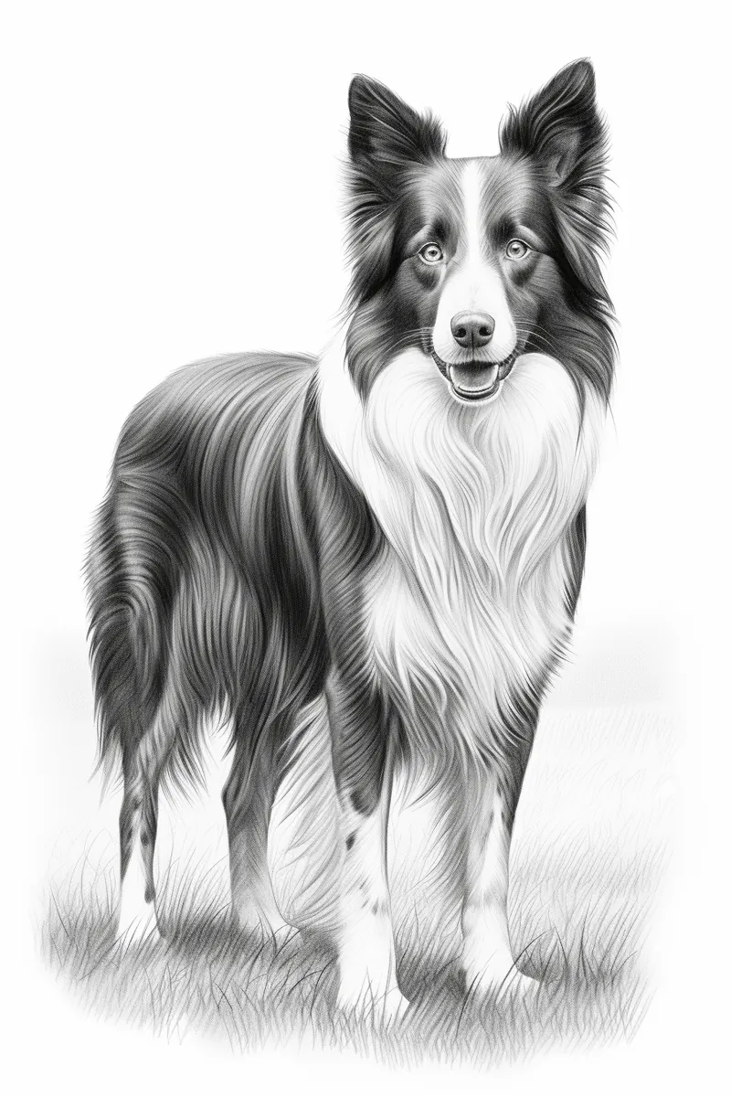 sketch of a border collie standing in the grass