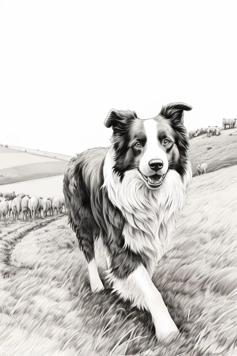 sketch of a border collie with sheep