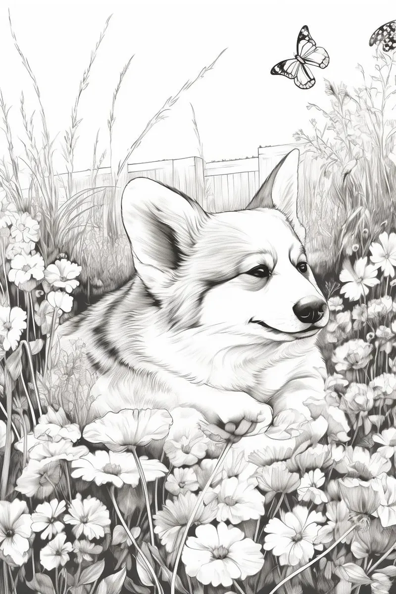 corgi in a flowerbed with butterflies
