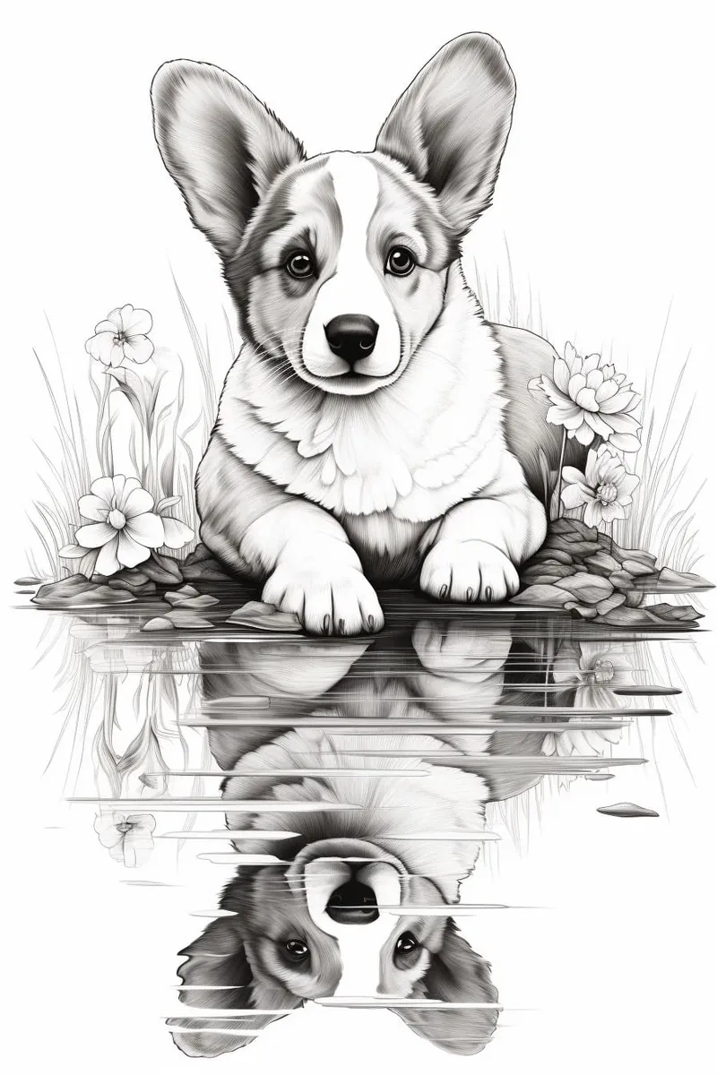 corgi puppy staring at its reflection in a pond