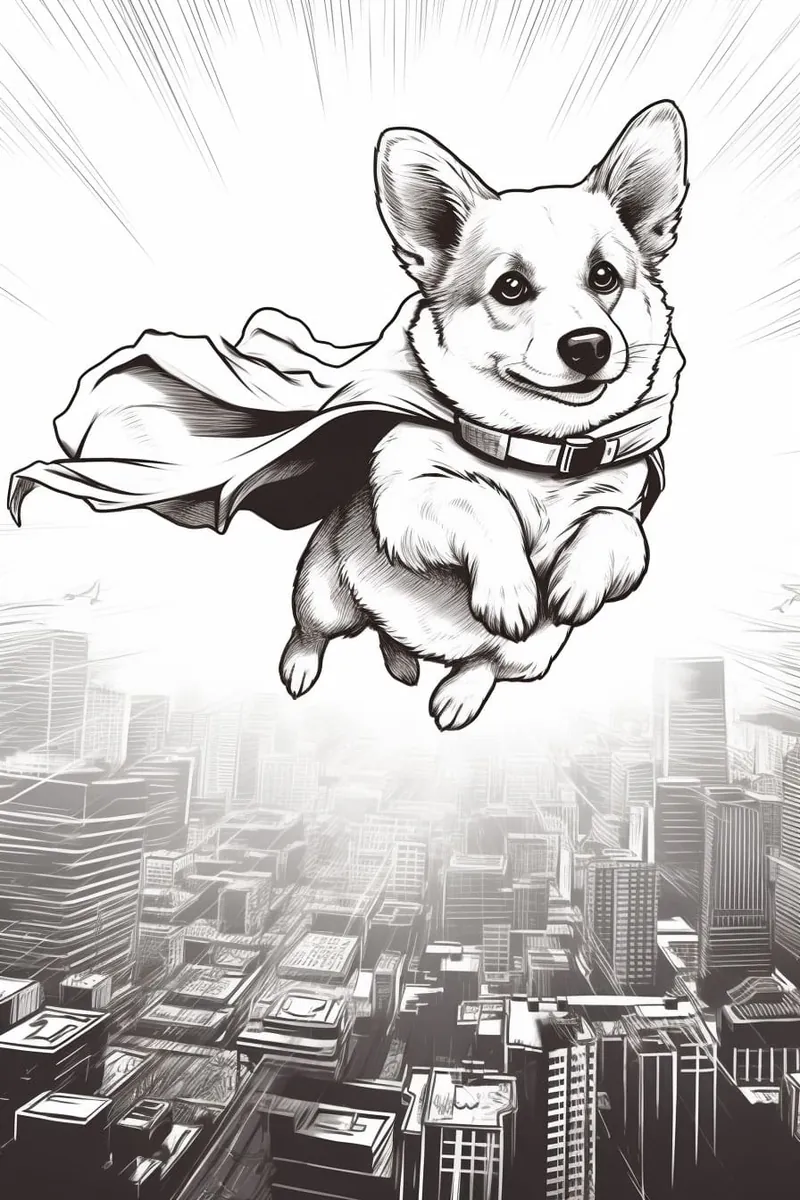 superhero corgi flying above the city