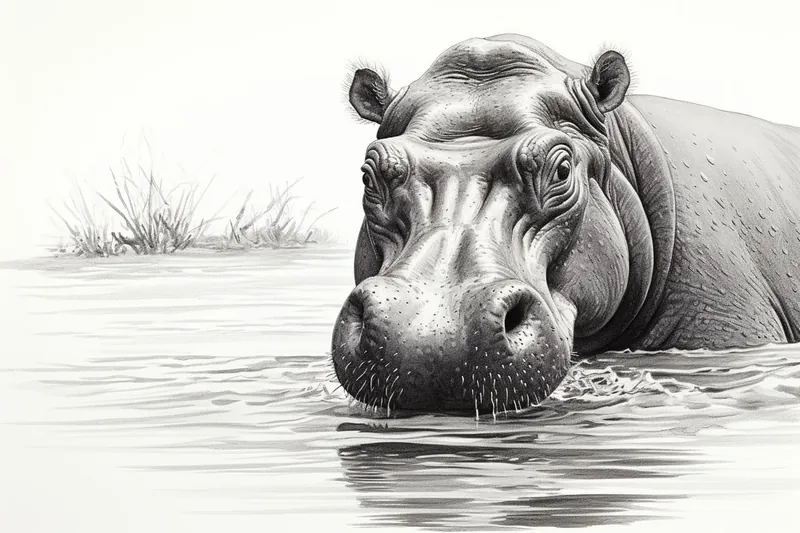 hippopotamus sketch in the water