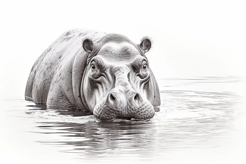 black and white sketch of a hippo in the water