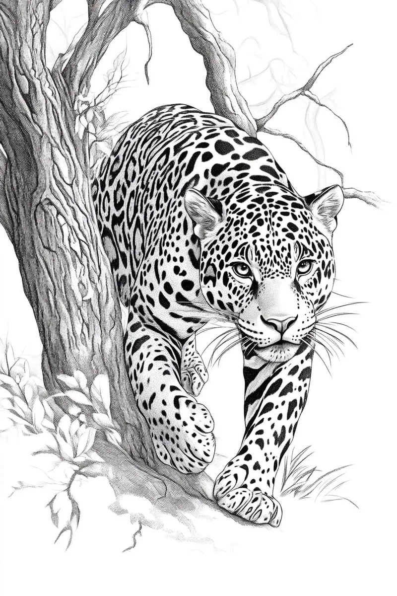 sketch of a jaguar walking past a tree