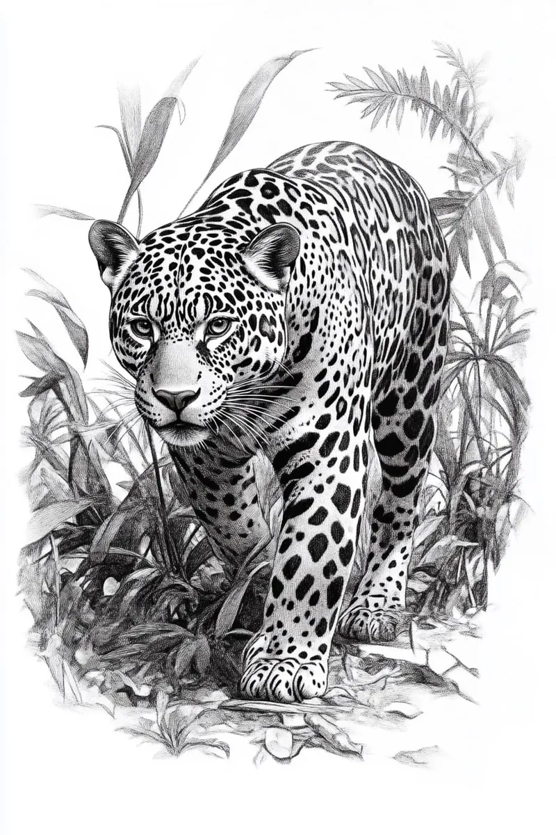 drawing of a jaguar walking through the brush