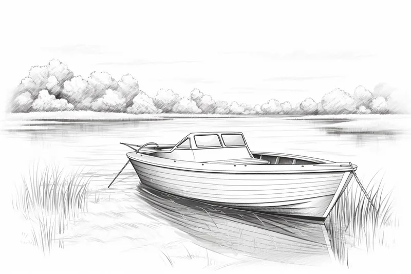 pencil sketch of a boat on a lake