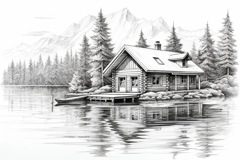 black and white sketch of a cabin on a lake