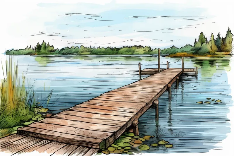 color drawing of a dock on a lake