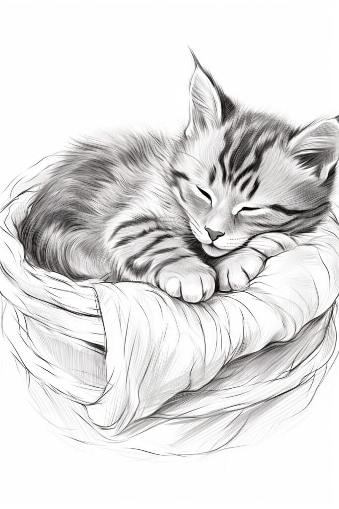 sketch of a cat sleeping in a basket