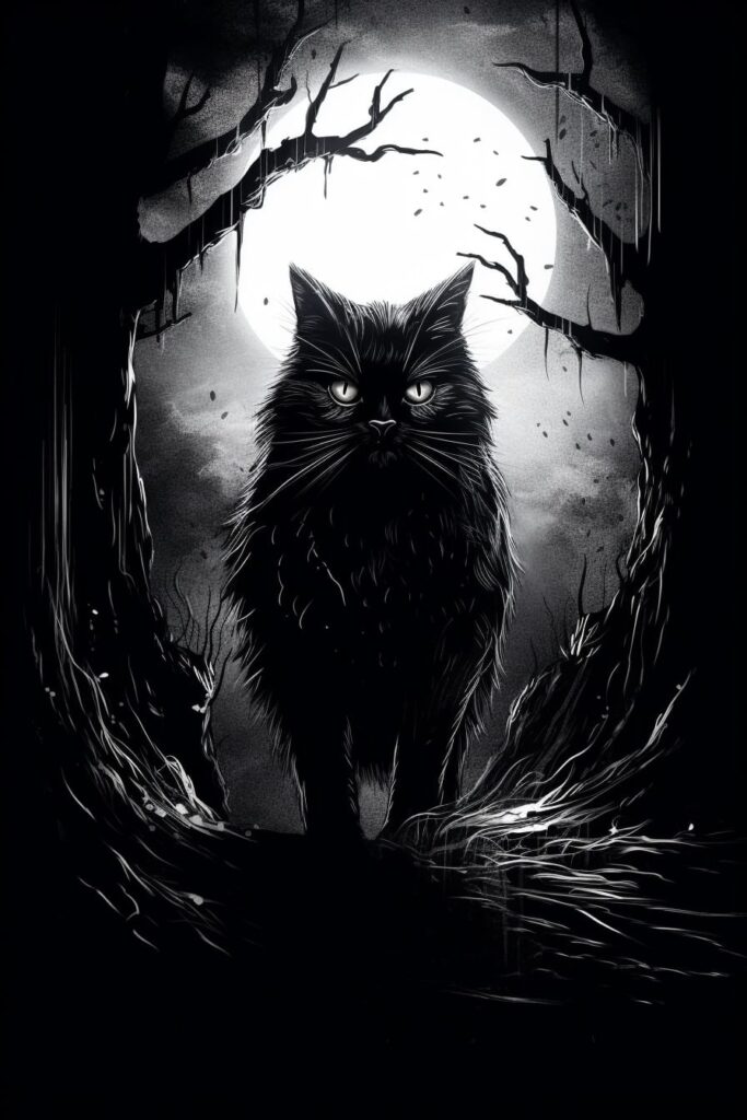 drawing of a black cat on the prowl at night