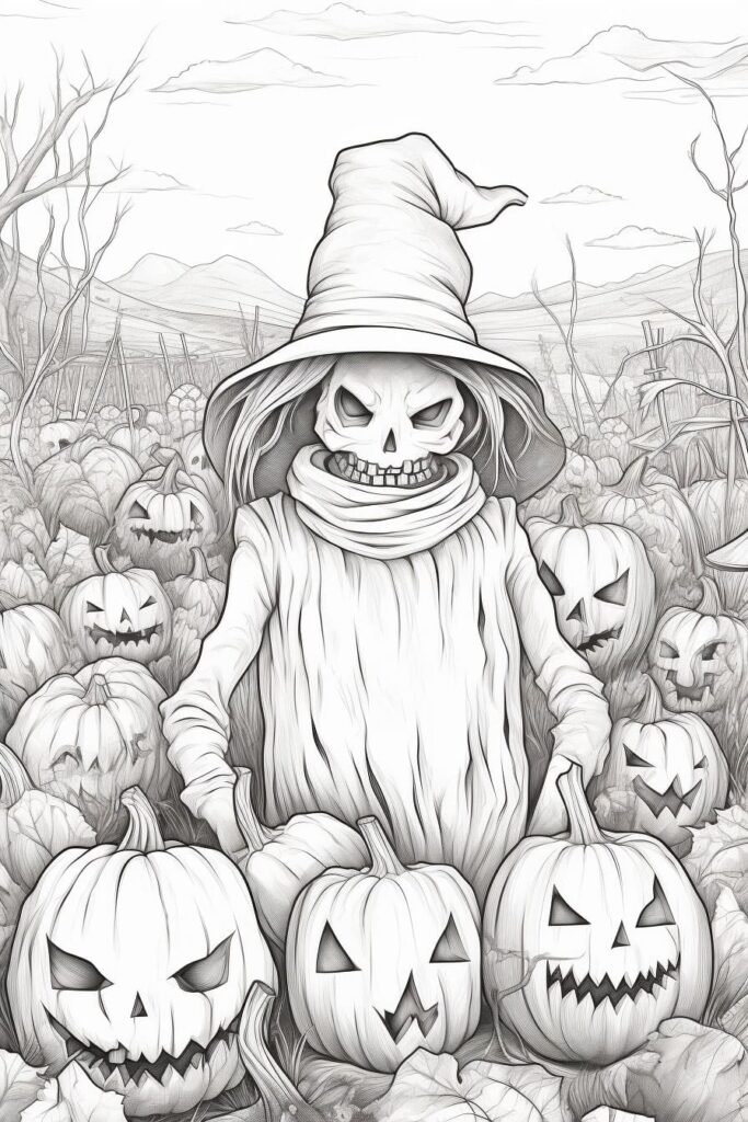 Scarecrow wearing a witch hat in a jack-o-lantern field