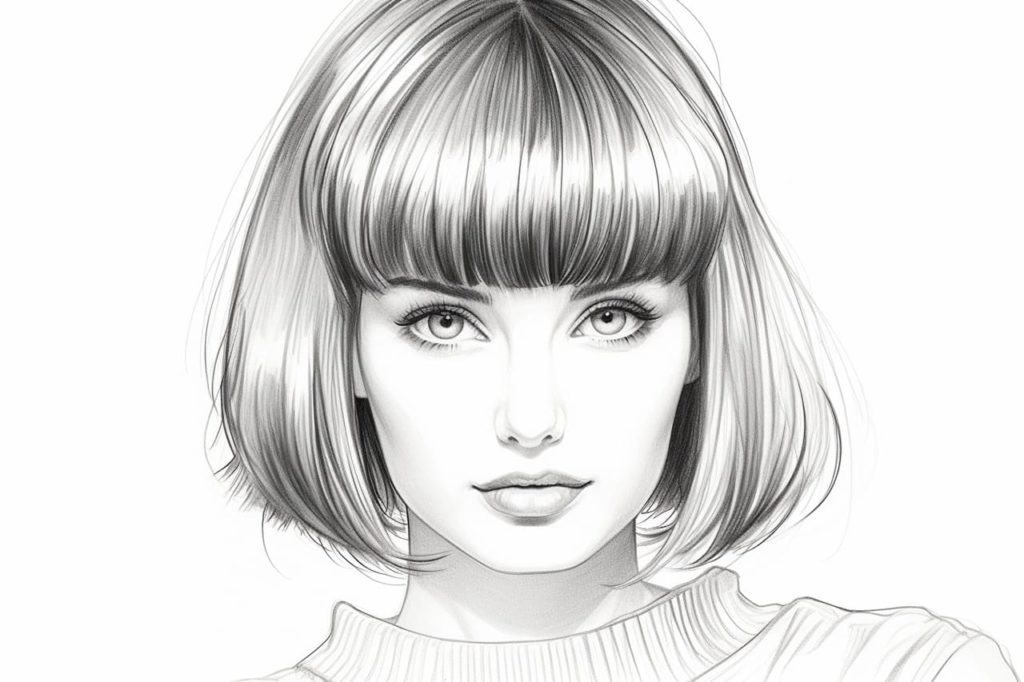 pencil sketch of woman with bangs