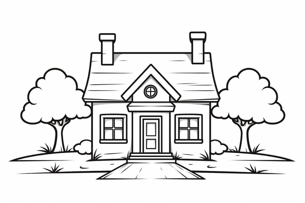 drawing of a house with trees