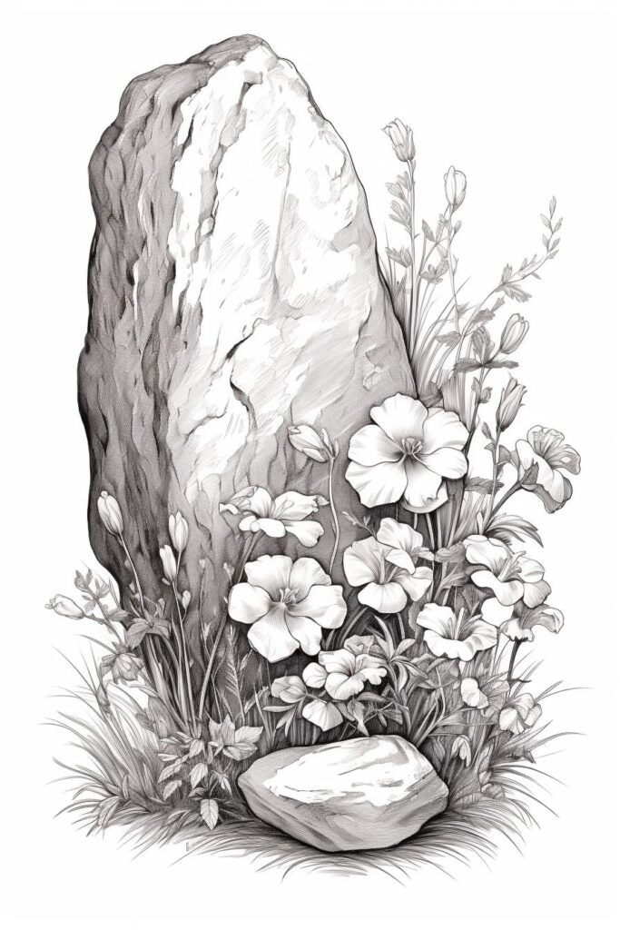 rock with flowers sketch