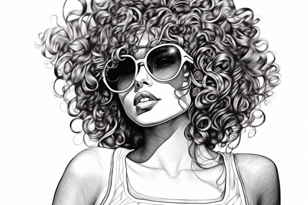 drawing of woman with curly hair and sunglasses