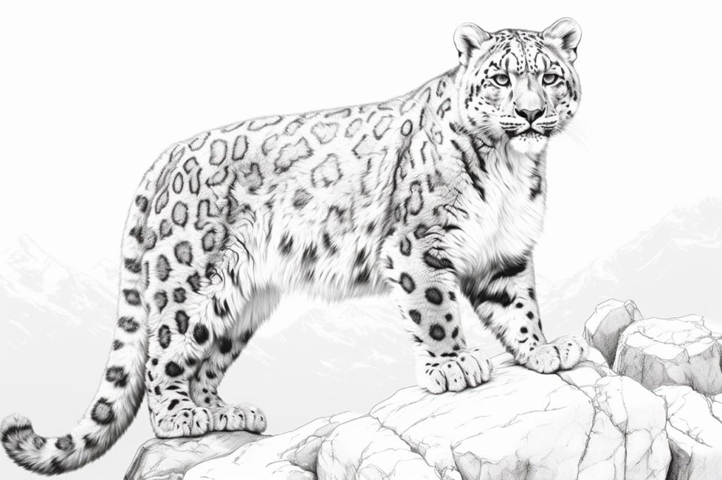 snow leopard drawing - posing on rocks