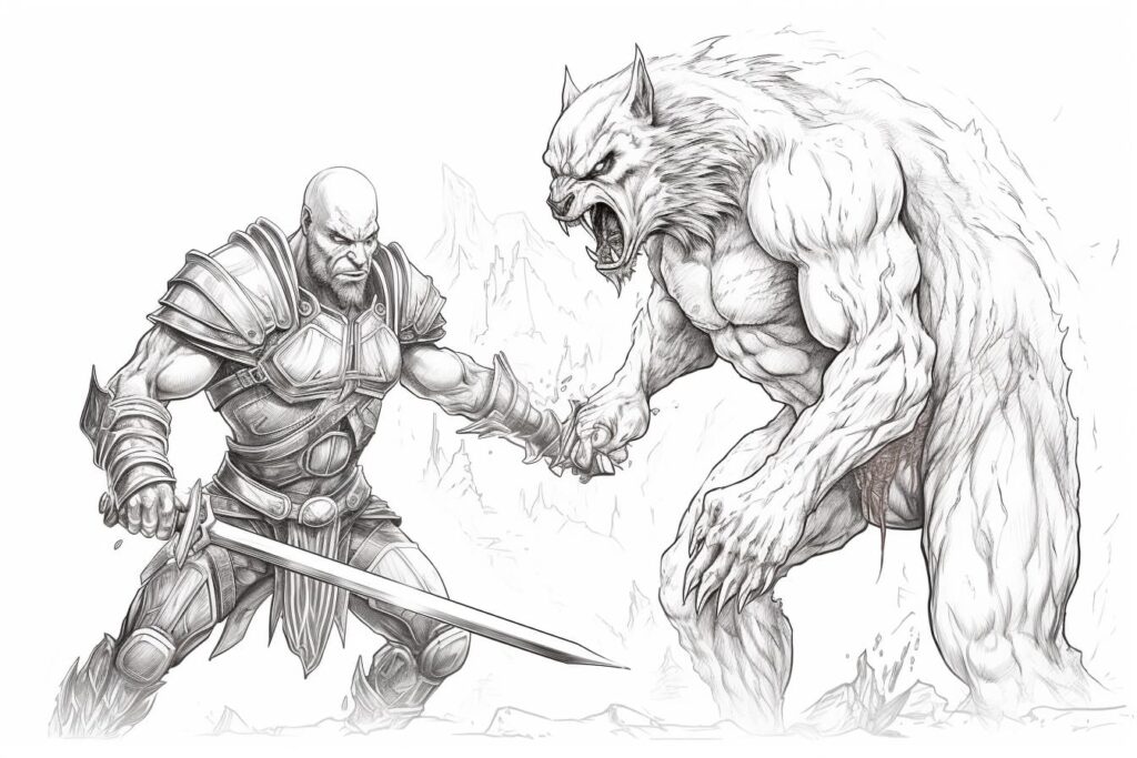 werewolf in combat with a knight