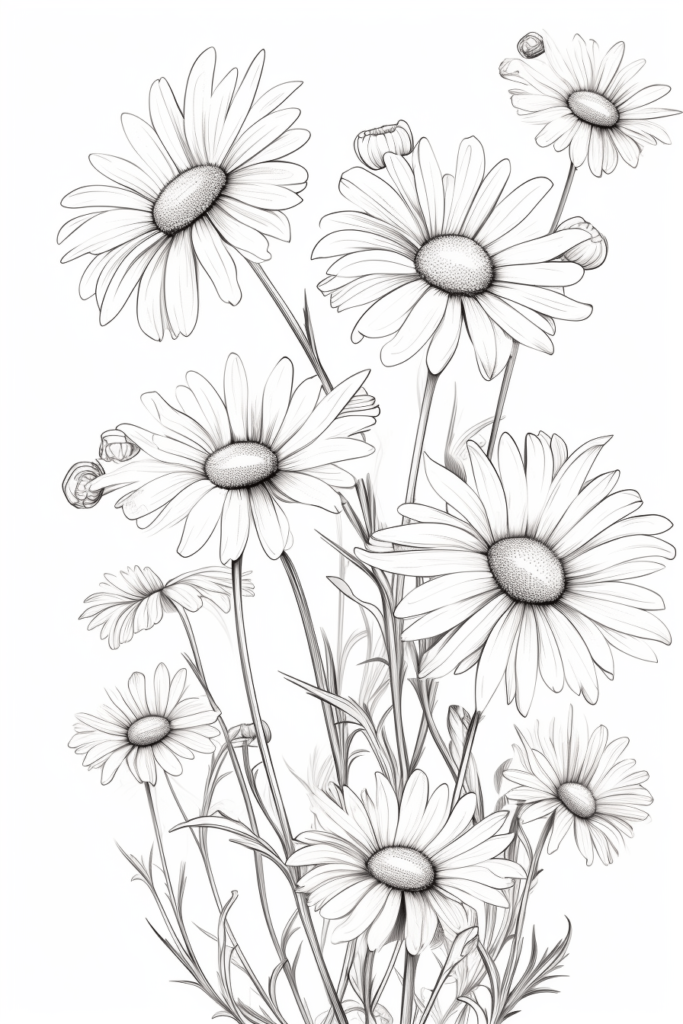 black and white sketch of daisies