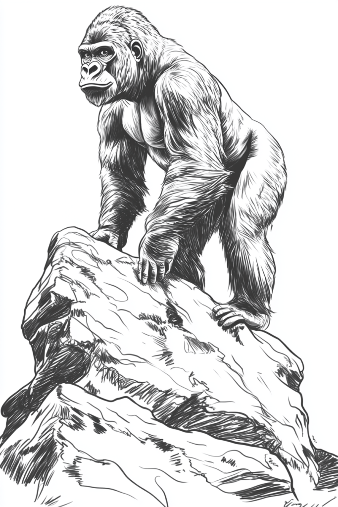 sketch of a gorilla climbing rocks