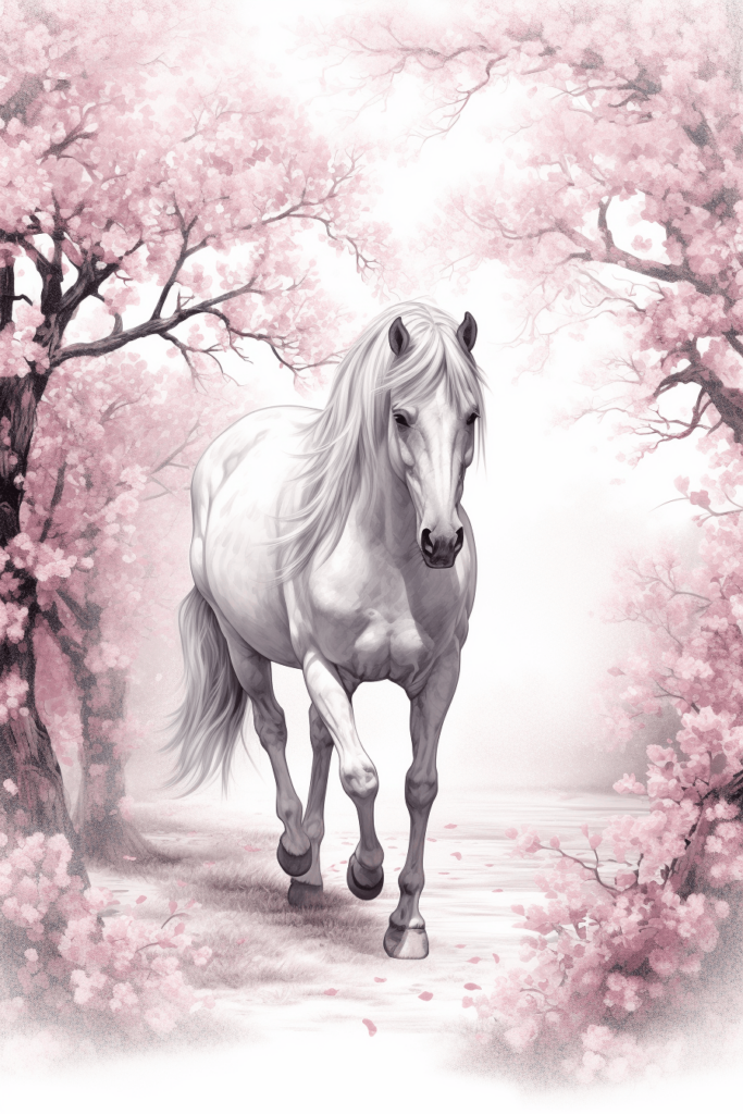 sketch of a horse walking past cherry blossoms