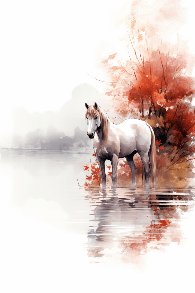 sketch of a horse by the lake