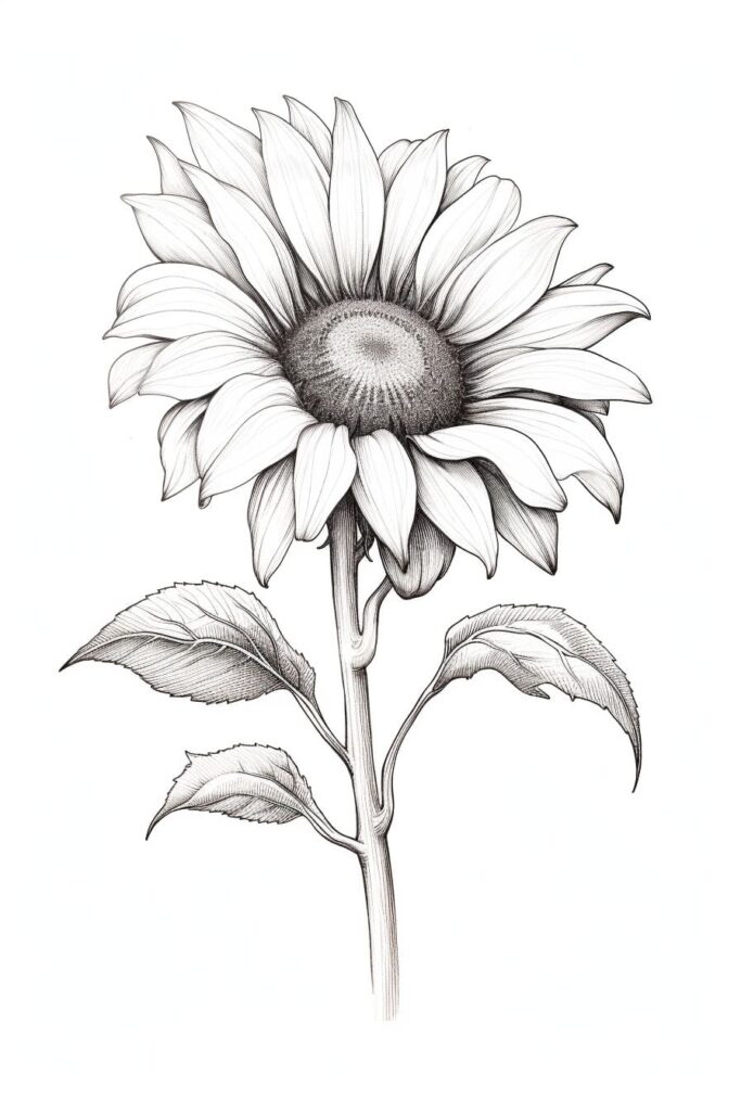 a single sunflower - black and white drawing