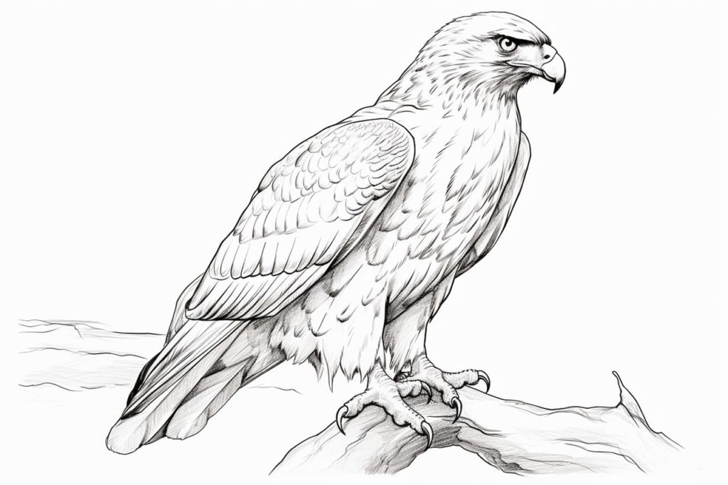drawing of a hawk on a tree branch