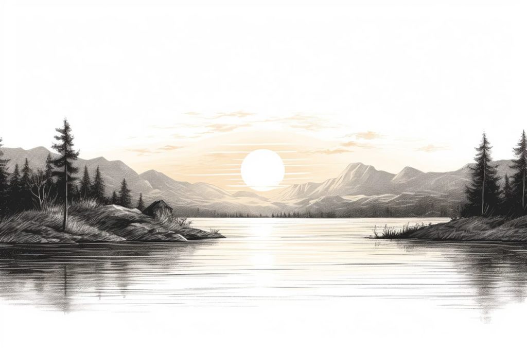 drawing of a sunset over a lake
