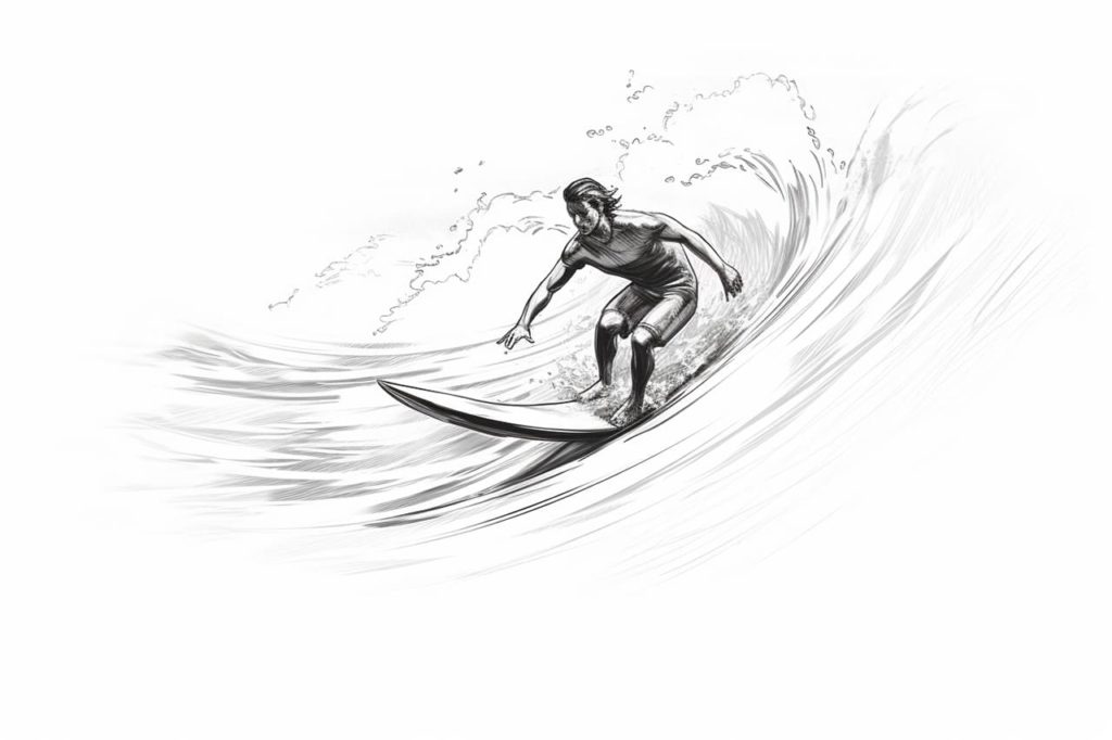 pencil drawing of surfer riding a wave