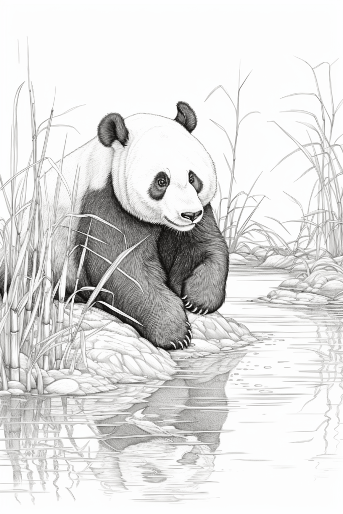 sketch of a panda bear by the river