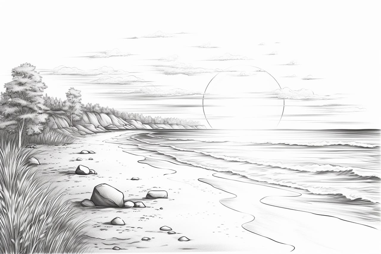 How to draw a sunset on a beach