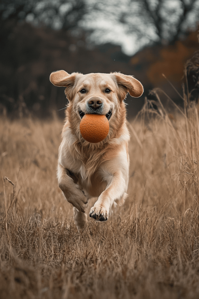 labrador with a ball running through a field