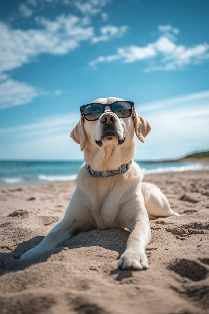 labrador playfully wearing sunglasses at the beach