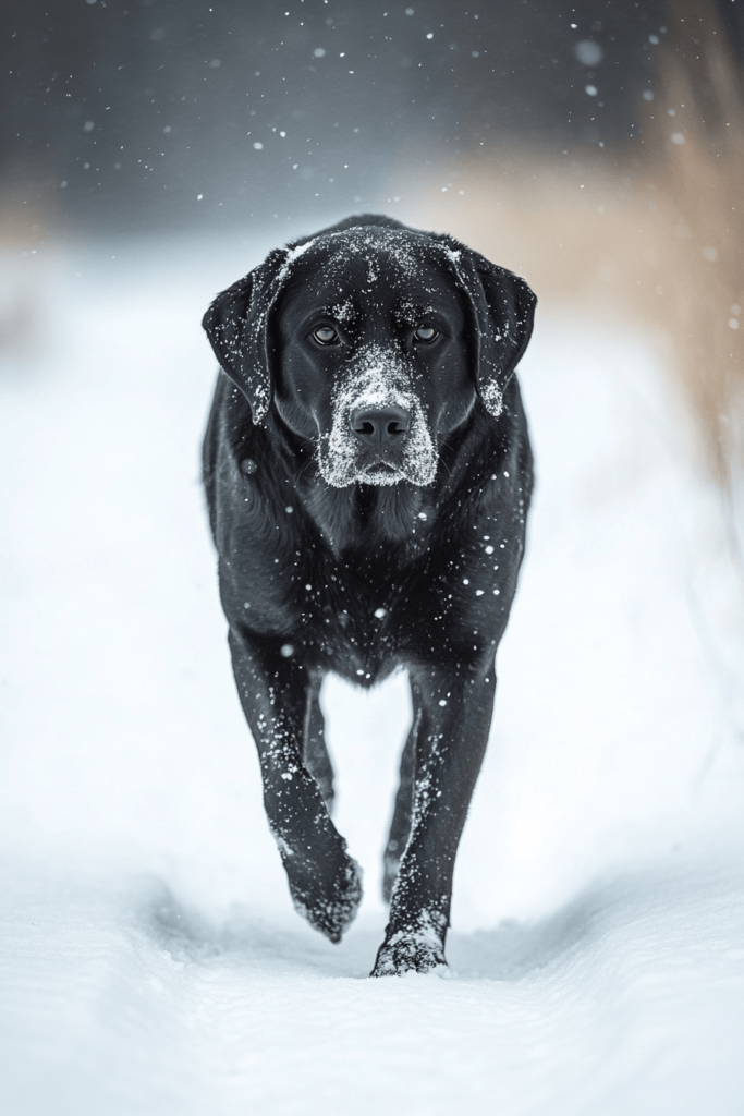 black lab in the snow