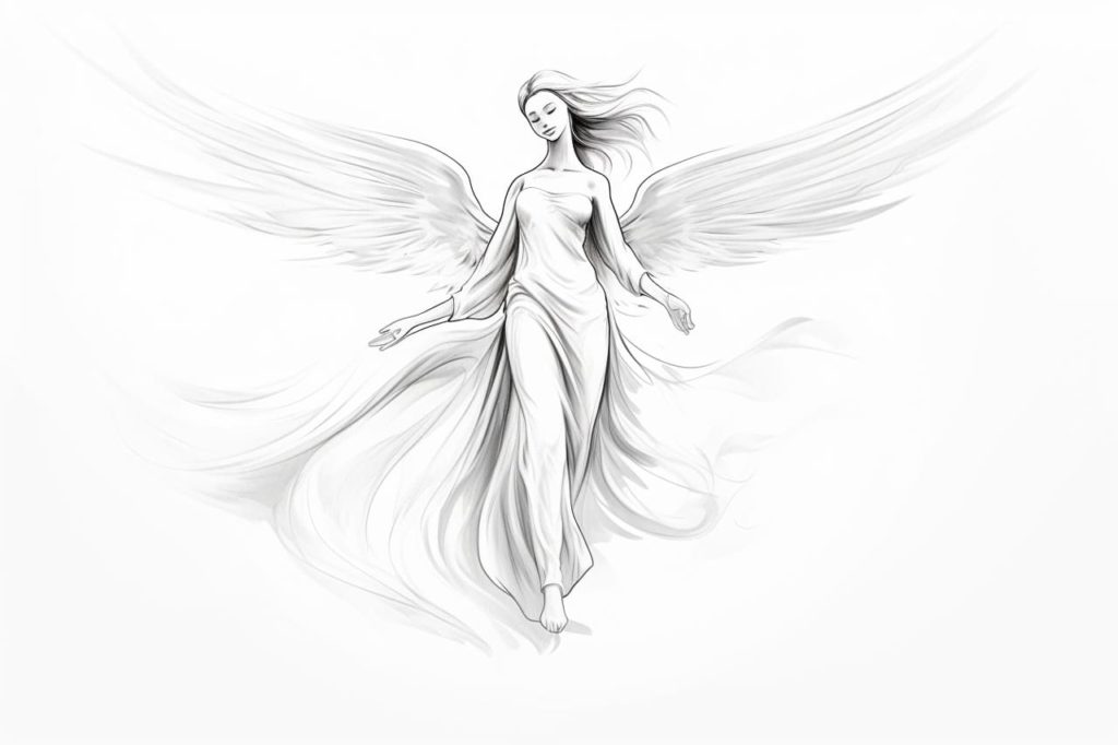 drawing of an angel in black and white