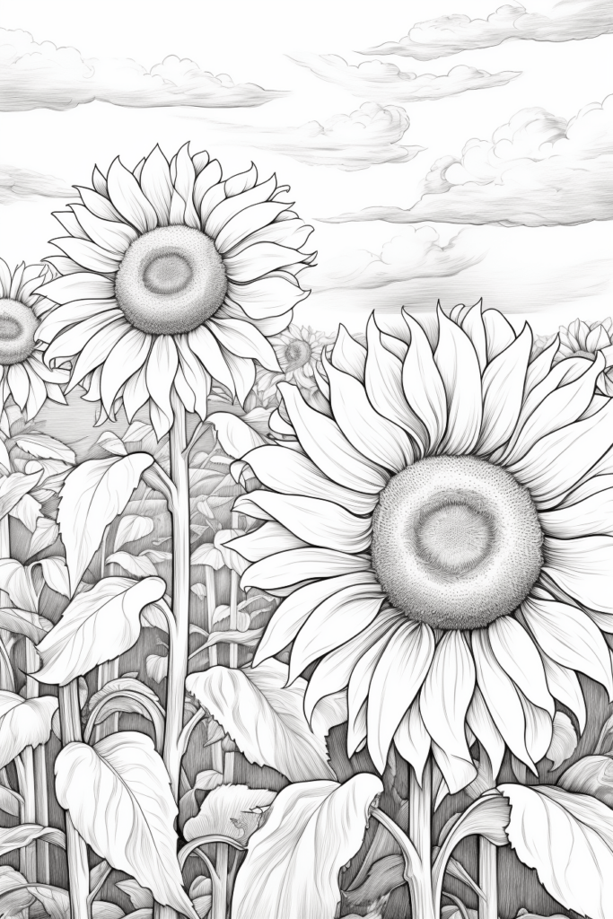 sketch of sunflowers in a field