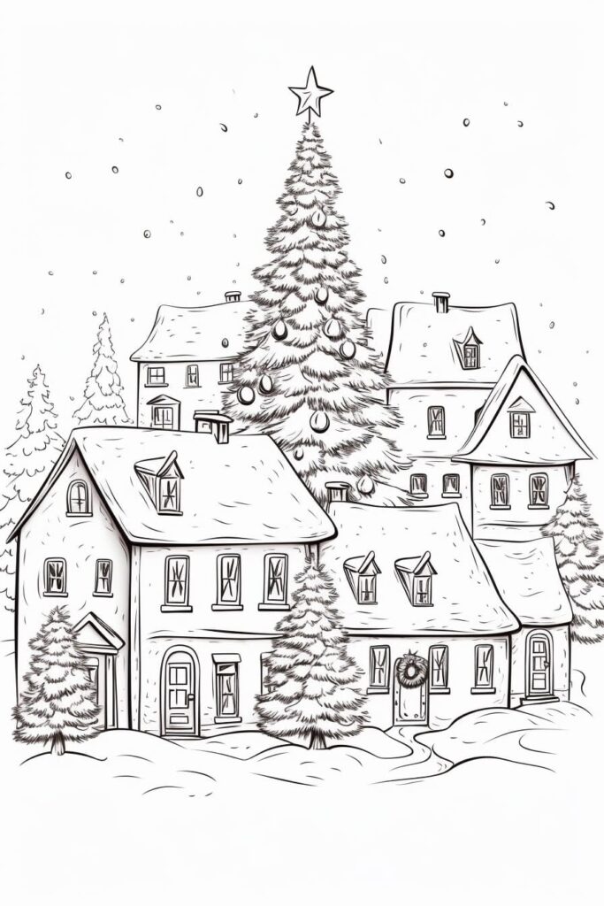 Sketch of a village at Christmastime