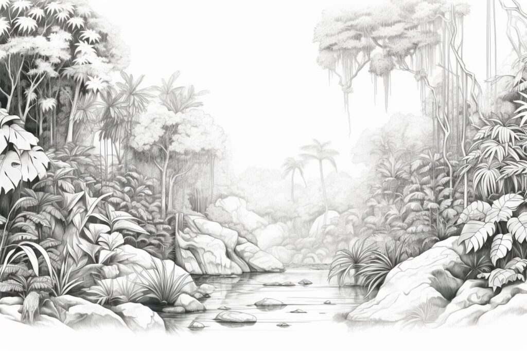 black and white drawing of a rainforest