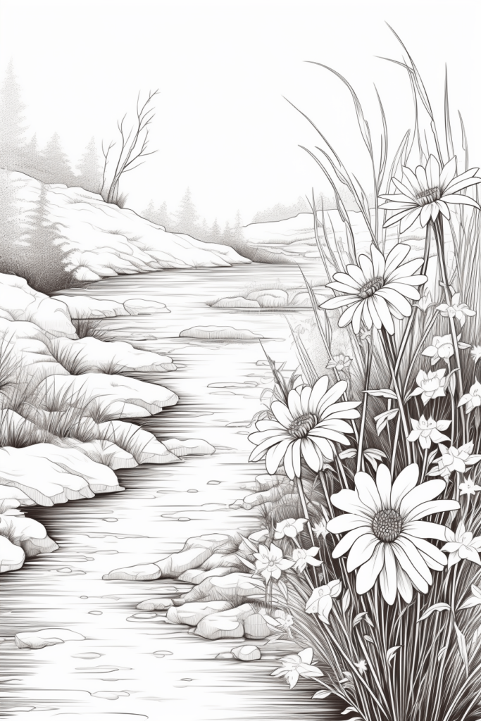 sketch of wildflowers by a stream