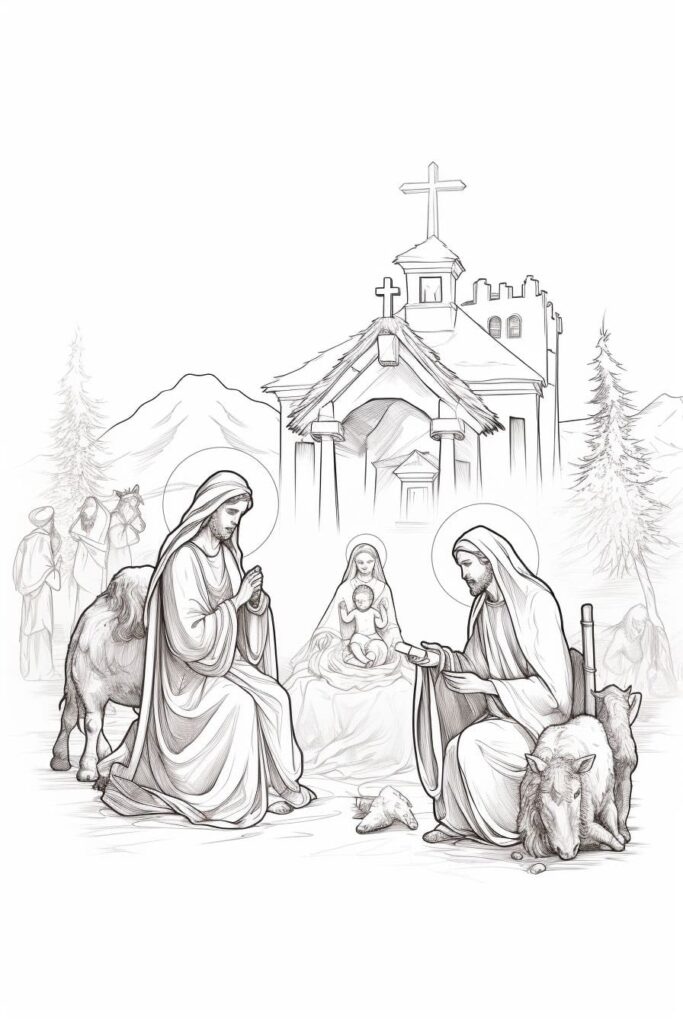 Christmas nativity scene drawing