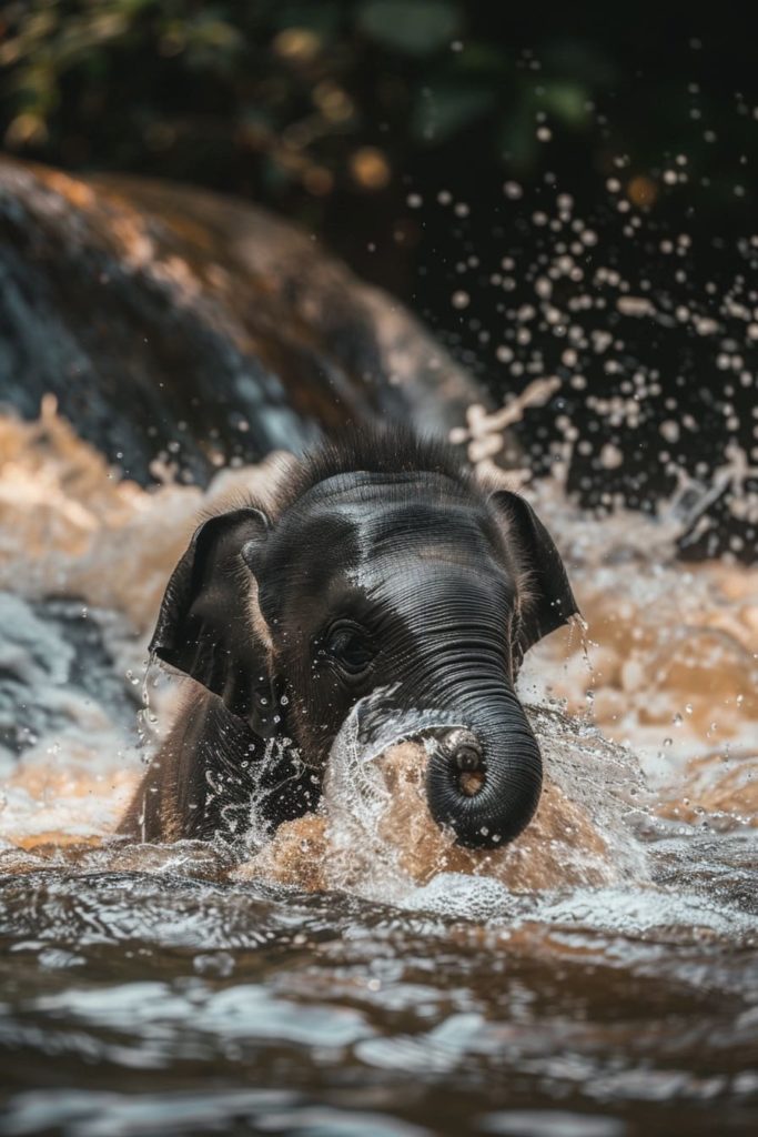 baby elephant splashing in the water