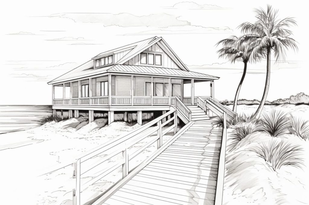 beach house black and white drawing