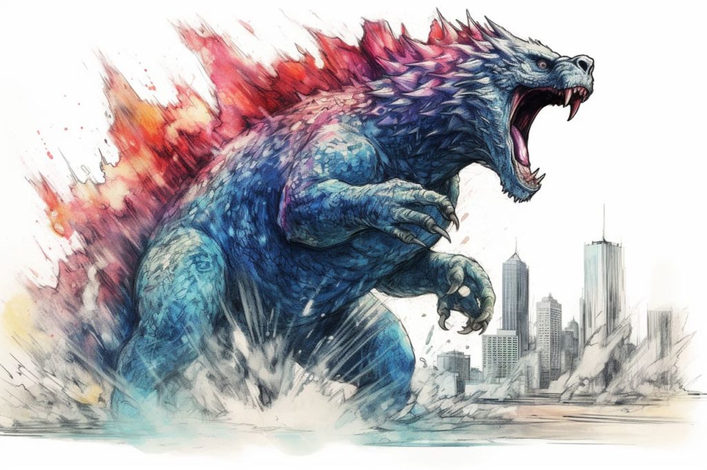 colored pencil sketch of Godzilla