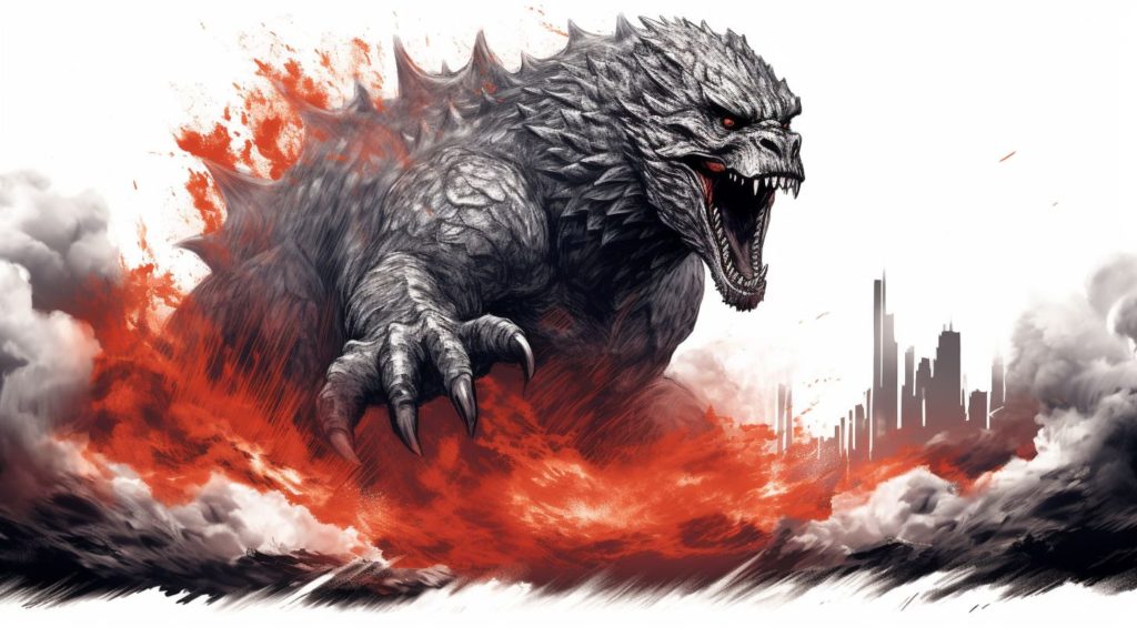 Godzilla emerging from a fiery volcano