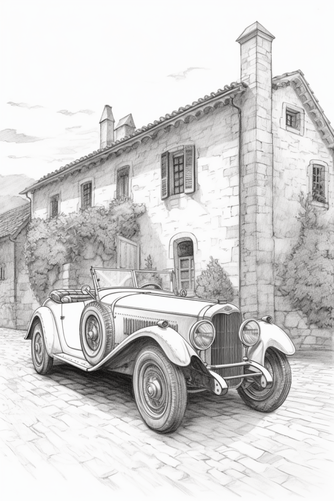 vintage classic car in front of the manor