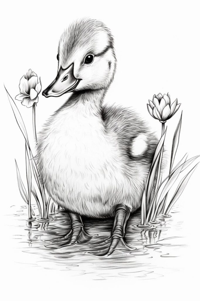 sketch of a duckling at the water's edge