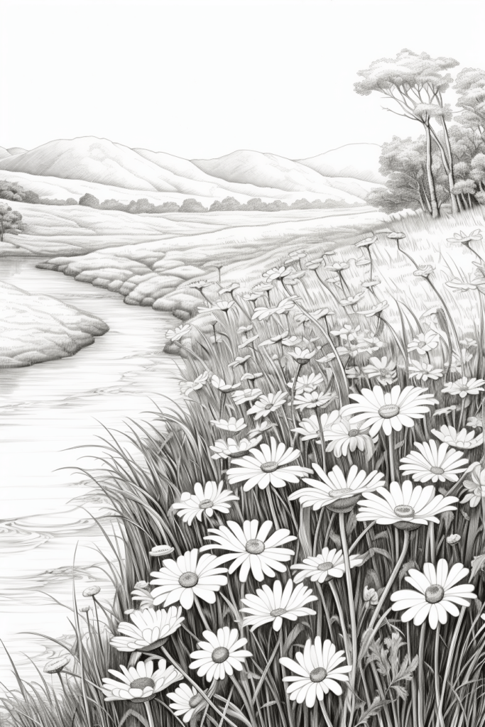 sketch of a field of flowers by a stream