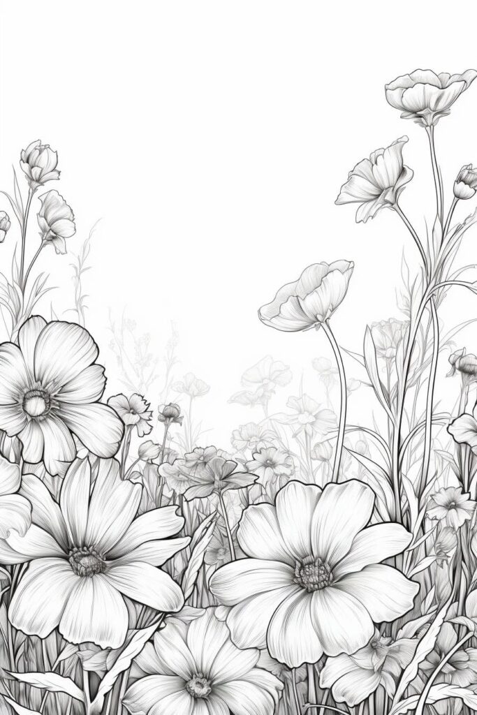 field of flowers - black and white sketch