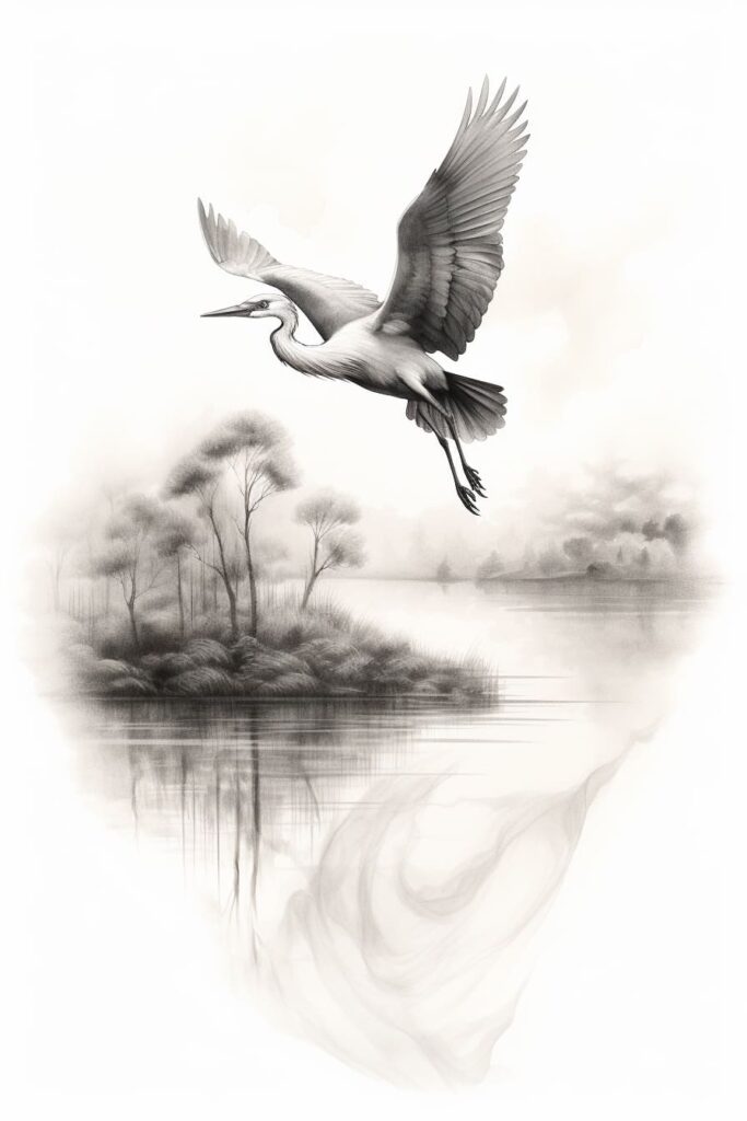 drawing of a heron in flight