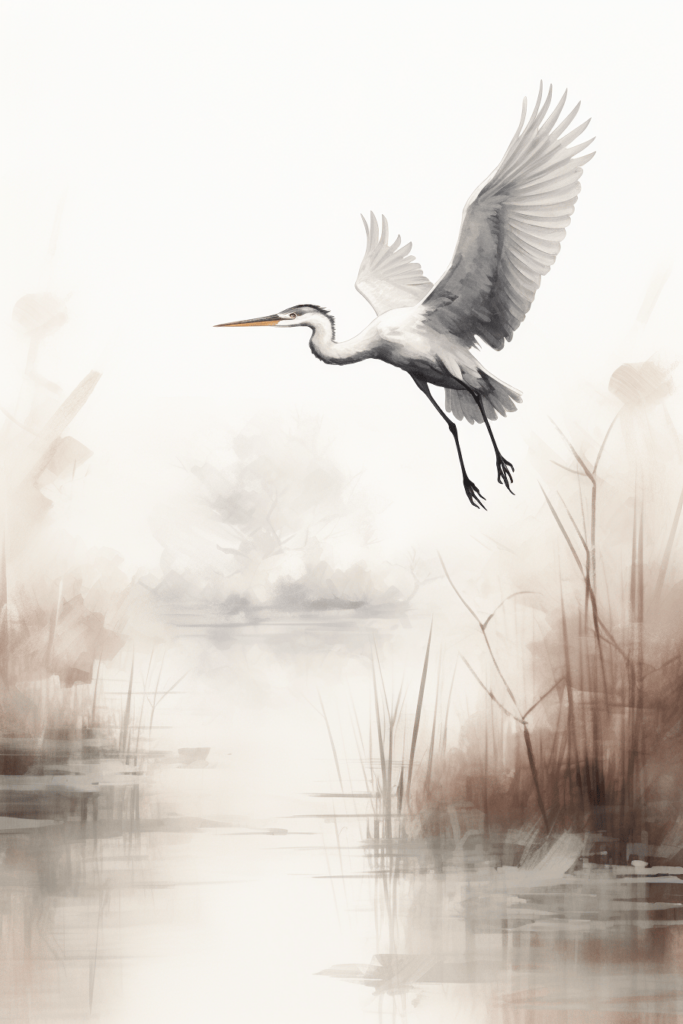 beautiful heron in flight over a pond